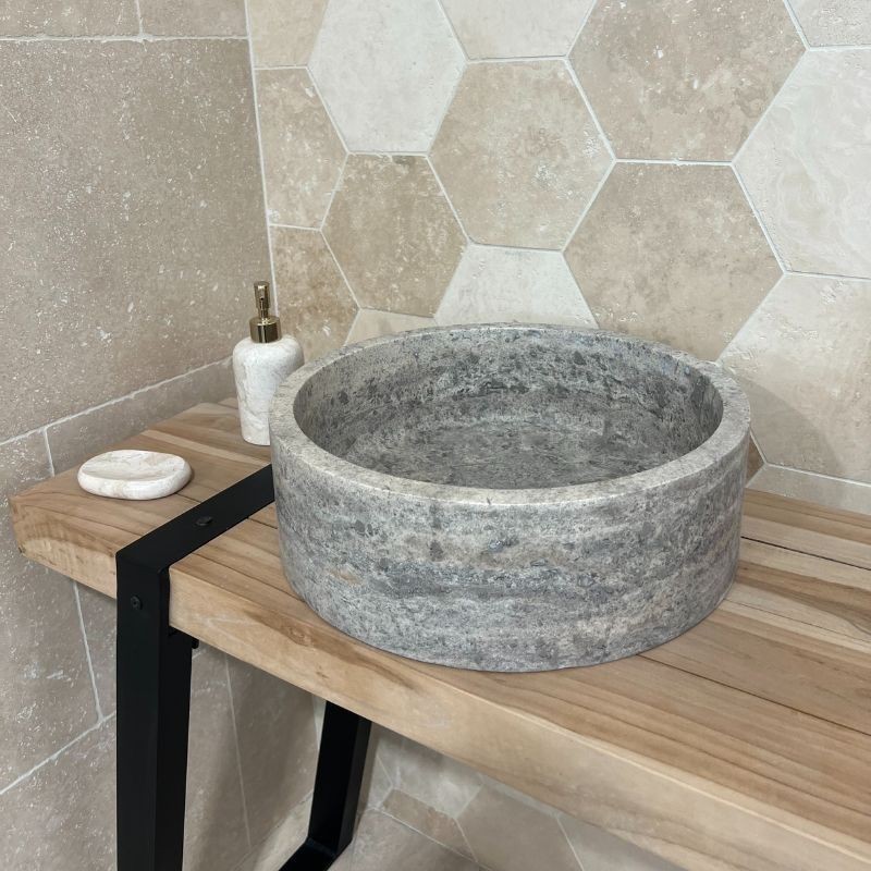 Vasque à poser ronde en pierre naturelle Travertin Gris 40x13 cm