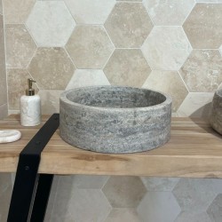 Vasque à poser ronde en pierre naturelle Travertin Gris 40x13 cm