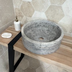 Vasque à poser ronde en pierre naturelle Travertin Gris 40x13 cm
