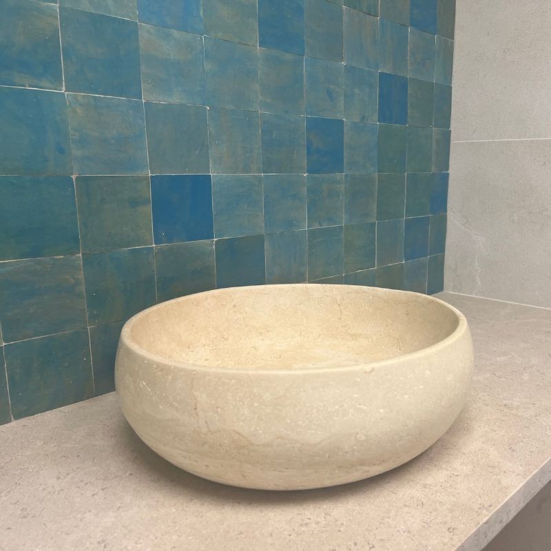 Vasque à poser ronde en pierre naturelle Travertin Beige - Ti'ma Stone