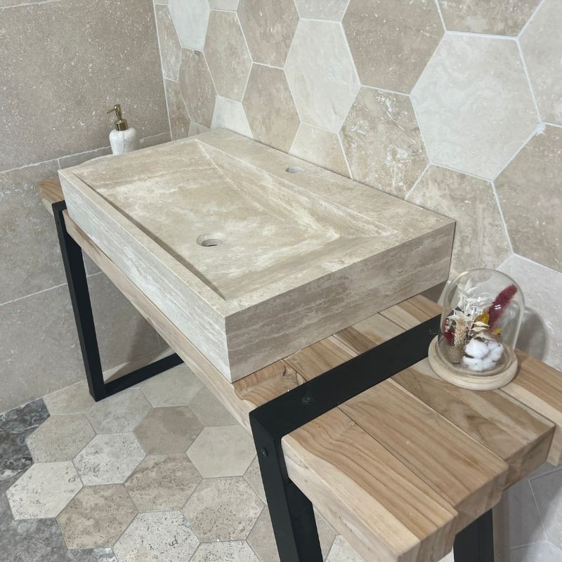 Vasque à poser rectangulaire en pierre naturelle Travertin Beige