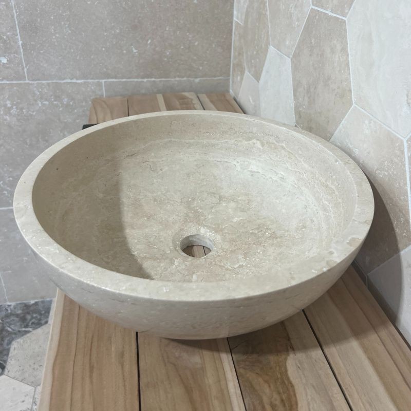 Vasque à poser ronde Travertin Beige GRKC Ø 33 cm - Ti'ma Stone
